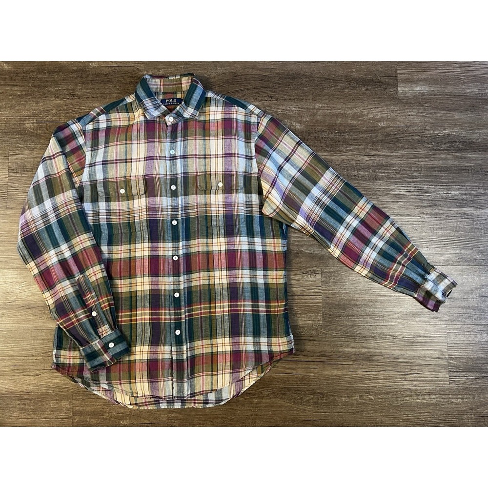 Polo Ralph Lauren Button Down Shirt Men's Large Red Green Tan Plaid B10
